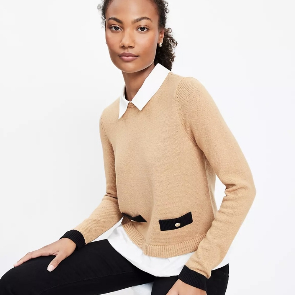 Loft Poplin Layered Mixed Media Sweater XL - Picture 2 of 5